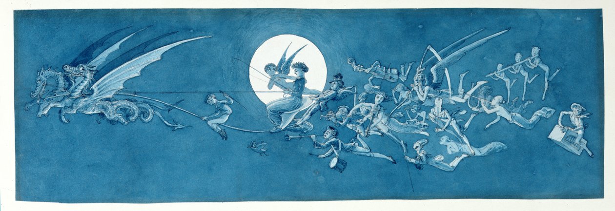 Rydwan smoka i wróżki minstreli przemierzają księżyc (pióro, atrament i toaleta na papierze) autorstwa Charles Altamont Doyle