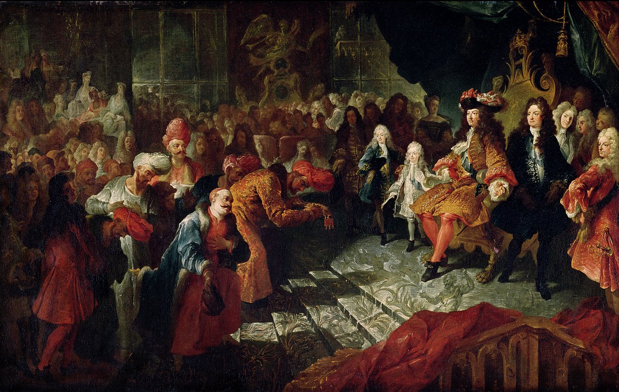 Ludwik XIV (1638-1715) odbiera perskiego ambasadora Mohammeda Rezę Bega w Galerie des Glaces w Wersalu, 19 lutego 1715 autorstwa Charles Antoine Coypel
