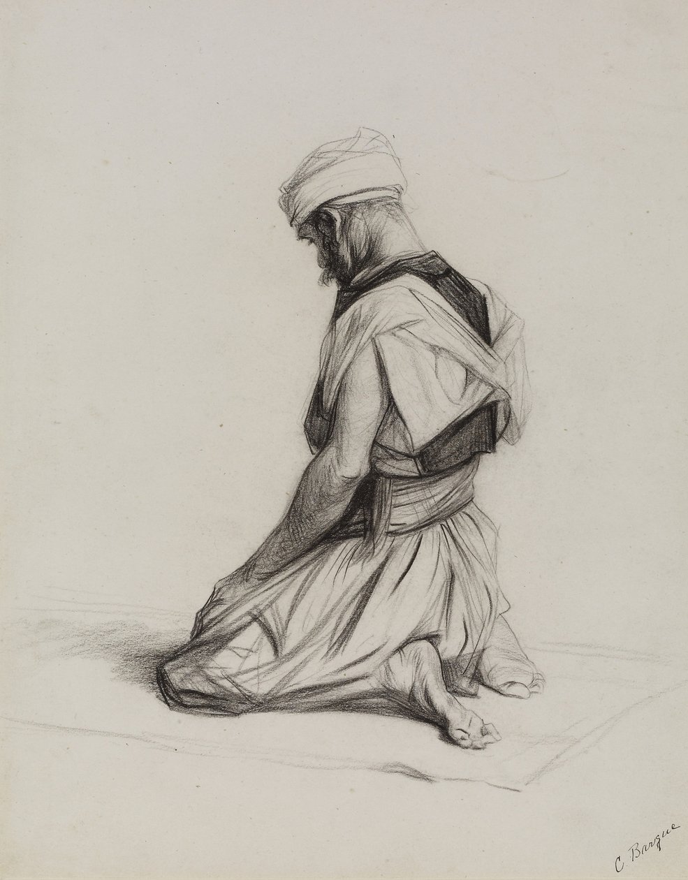 Muzułmanin na modlitwie, 1883 (węgiel na papierze) autorstwa Charles Bargue