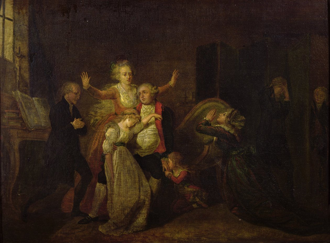 Ludwik XVI (1754-93) żegnając się z rodziną w świątyni, 20 stycznia 1793 autorstwa Charles Benazech