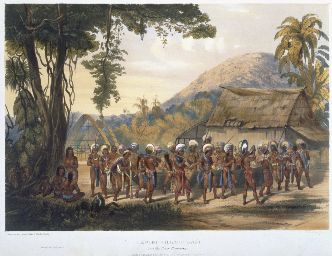 Caribi Village Anai, w pobliżu rzeki Rupununi, z „Widoków we wnętrzu Gujany”, grawerowane przez Coke Smith, wyd. przez Ackermanna, 1840 autorstwa Charles Bentley