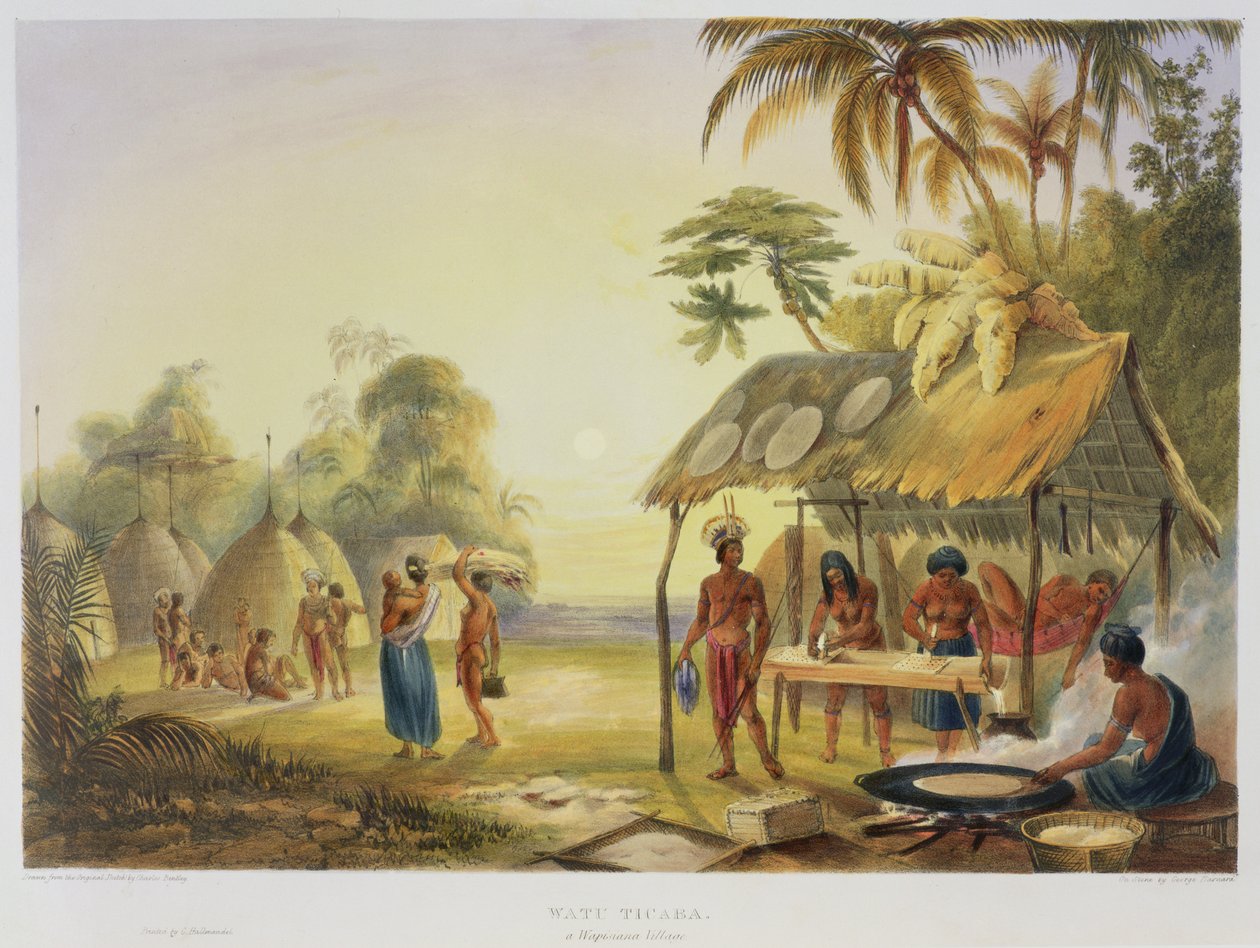 Watu Ticaba, wioska Wapisiana, z „Widoków we wnętrzu Gujany”, ryt.: George Barnard (fl.1832-90) wyd. przez Ackermanna, 1840 autorstwa Charles Bentley