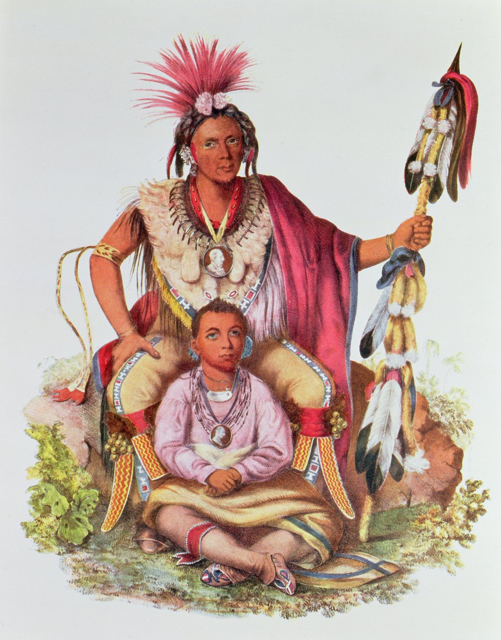 Keokuk lub „Watchful Fox”, wódz Sauków i Lisów, i jego syn, Musewont lub „Lis długowłosy”, ok. 1837, ilustracja z „The Indian Tribes of North America, tom 2”, autorstwa Thomasa L. McKenney i Jam autorstwa Charles Bird King