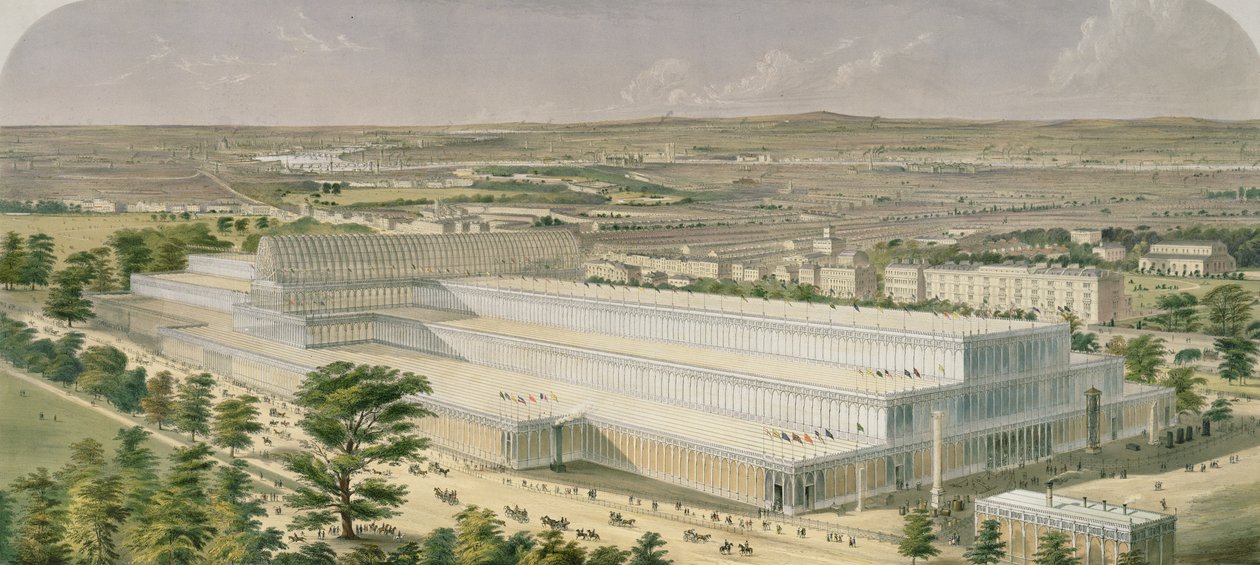 Aeronautyczny widok na Pałac Przemysłu dla Wszystkich Narodów z Ogrodów Kensington, wyd. Ackermann, 1851 autorstwa Charles Burton