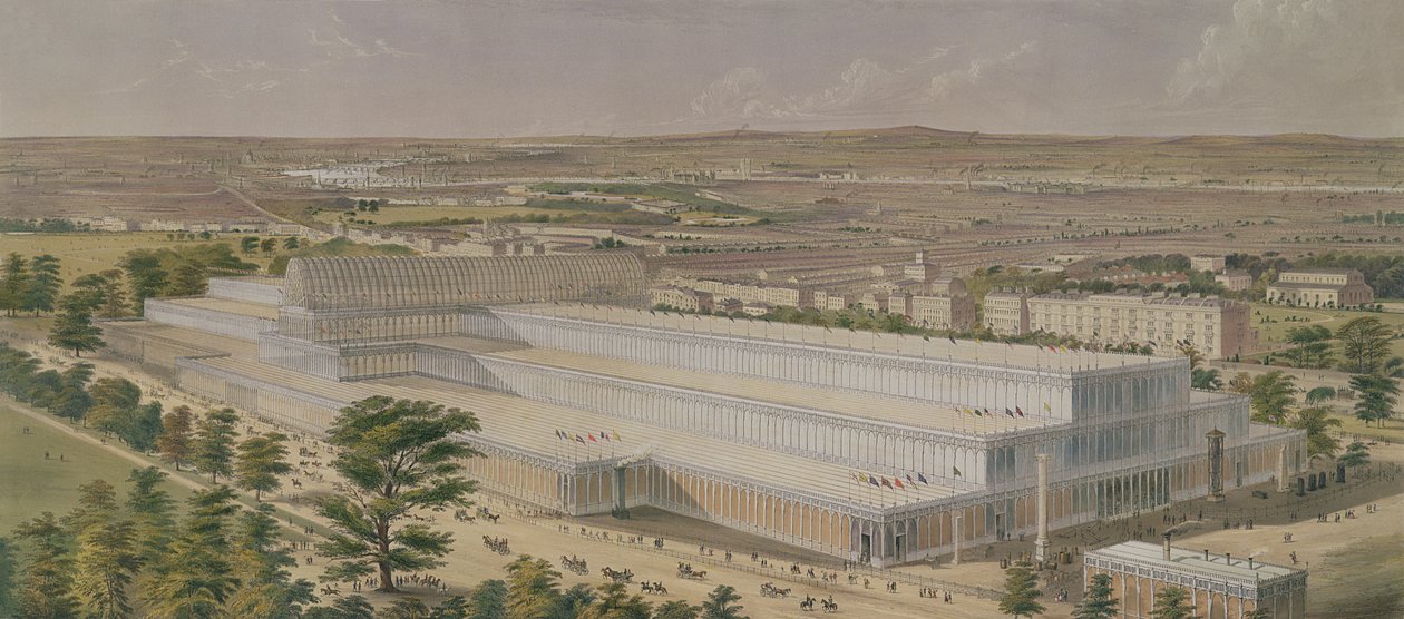 Widok z lotu ptaka na Pałac Przemysłu Wszystkich Narodów z Kensington Gardens, grawerowany przez artystę, wyd. 1851 autorstwa Charles Burton