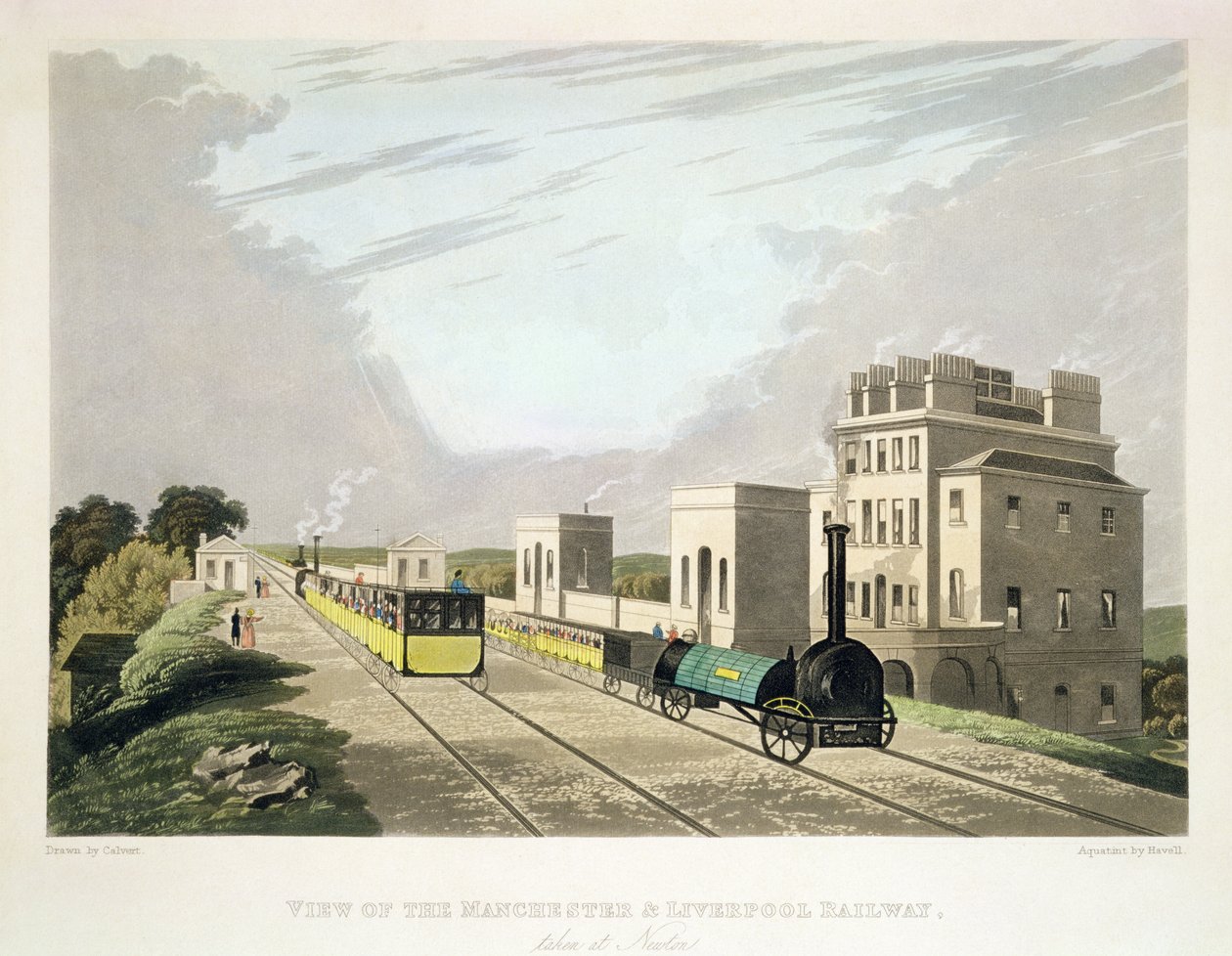 Widok kolei Manchesteru i Liverpoolu, zrobiony w Newton, 1825, wyryty przez Havella (akwatinta) autorstwa Charles Calvert