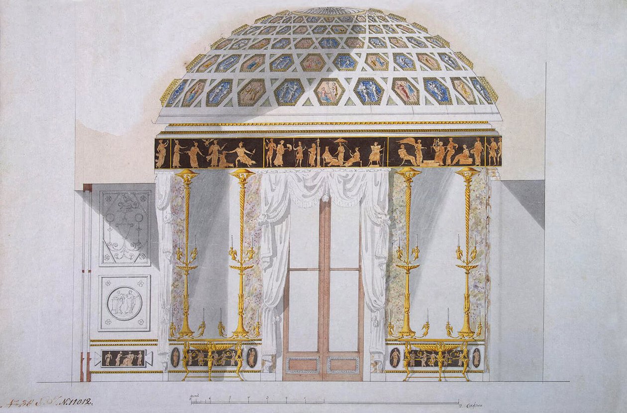 Projekt gabinetu jaspisowego w pawilonie agatowym w Carskim Siole, ok. 1780 (pióro i atrament z wc na papierze) autorstwa Charles Cameron