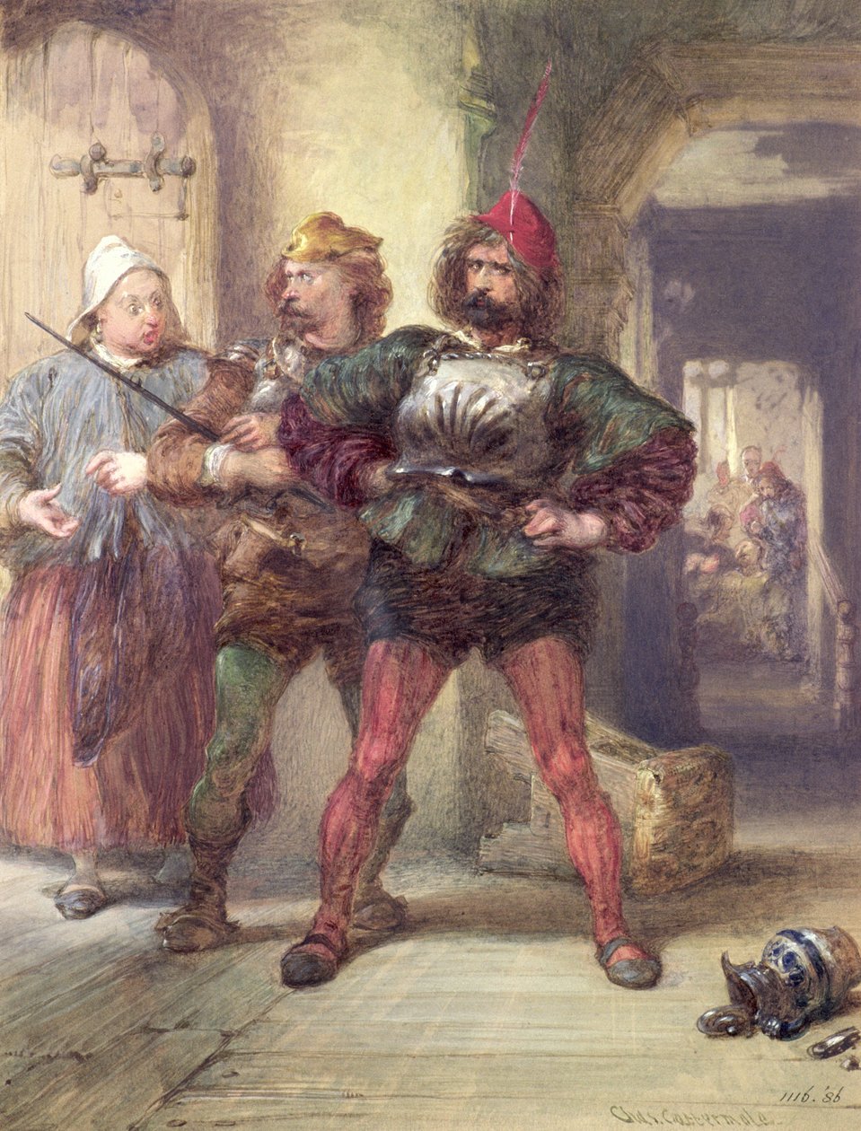 Mistress Quickly, Nym i Bardolph, ze sztuk Szekspira Falstaff, (rysunek) autorstwa Charles Cattermole