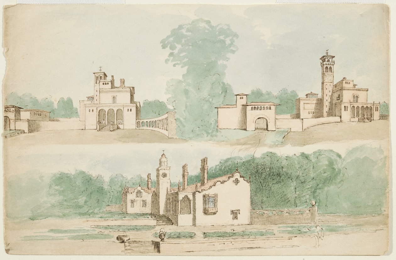 Trzy szkice architektoniczne willi (wc na papierze) autorstwa Charles Cromwell Ingham