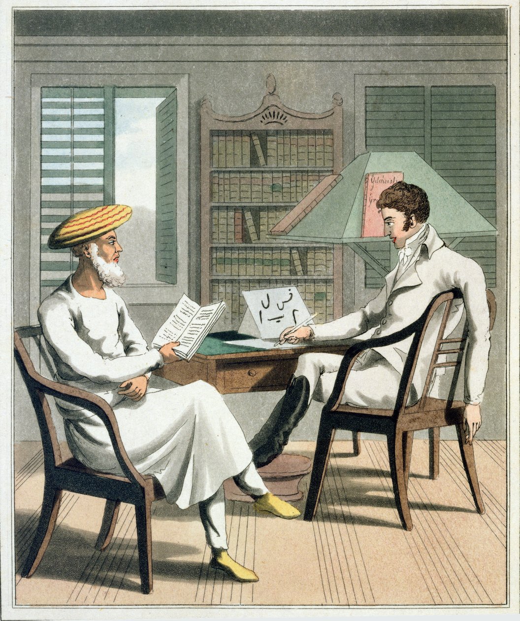 A European Gentleman ze swoim Moonshee, czyli Native Professor of Languages, płyta 1 z „The European in India”, opublikowana w 1813 r. (akwatinta ręcznie kolorowana) autorstwa Charles d Oyly