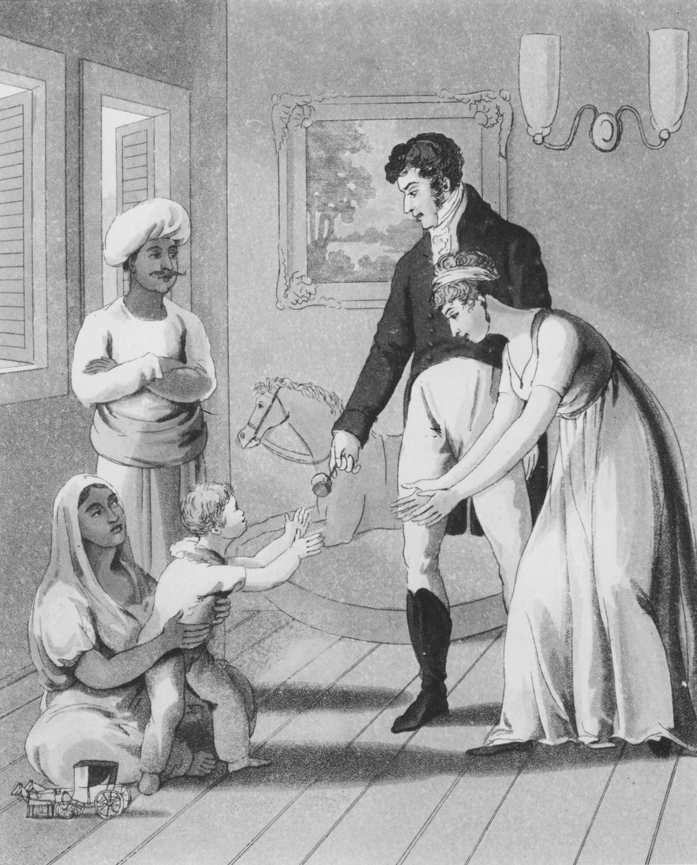 Europejska Dama i jej Rodzina, w towarzystwie Ayah lub Pielęgniarki, tablica 17 z „Europejczyka w Indiach”, 1813 (akwatinta) autorstwa Charles d Oyly