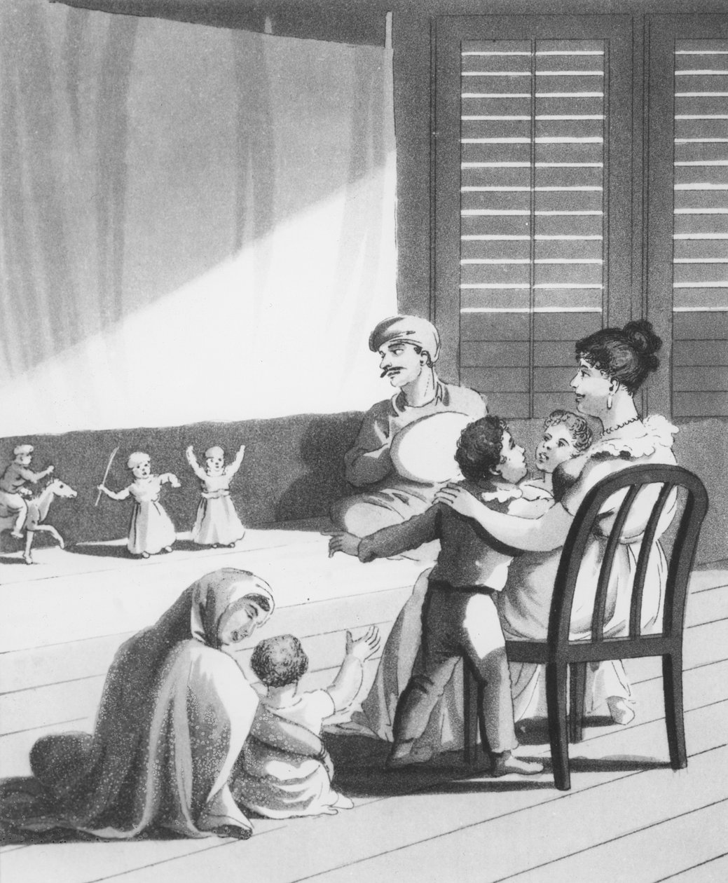 Kaut Pootlies lub Puppets, wystawiane przez Native Jugglers for the Amusement of European Children, płyta 18 z „The European in India”, 1813 (akwatinta) autorstwa Charles d Oyly