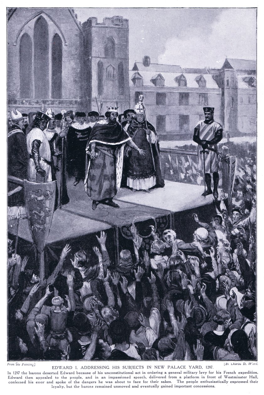 Edward I przemawiający do swoich poddanych na nowym dziedzińcu pałacowym AD1297, 1920 autorstwa Charles Daniel Ward