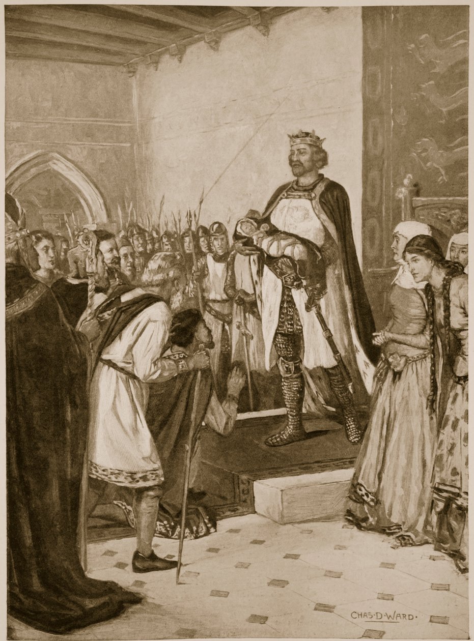 Król Edward I przedstawia swojego małego syna Edwarda walijskim wodzom w zamku Carnarvon jako ich księcia Walii autorstwa Charles Daniel Ward