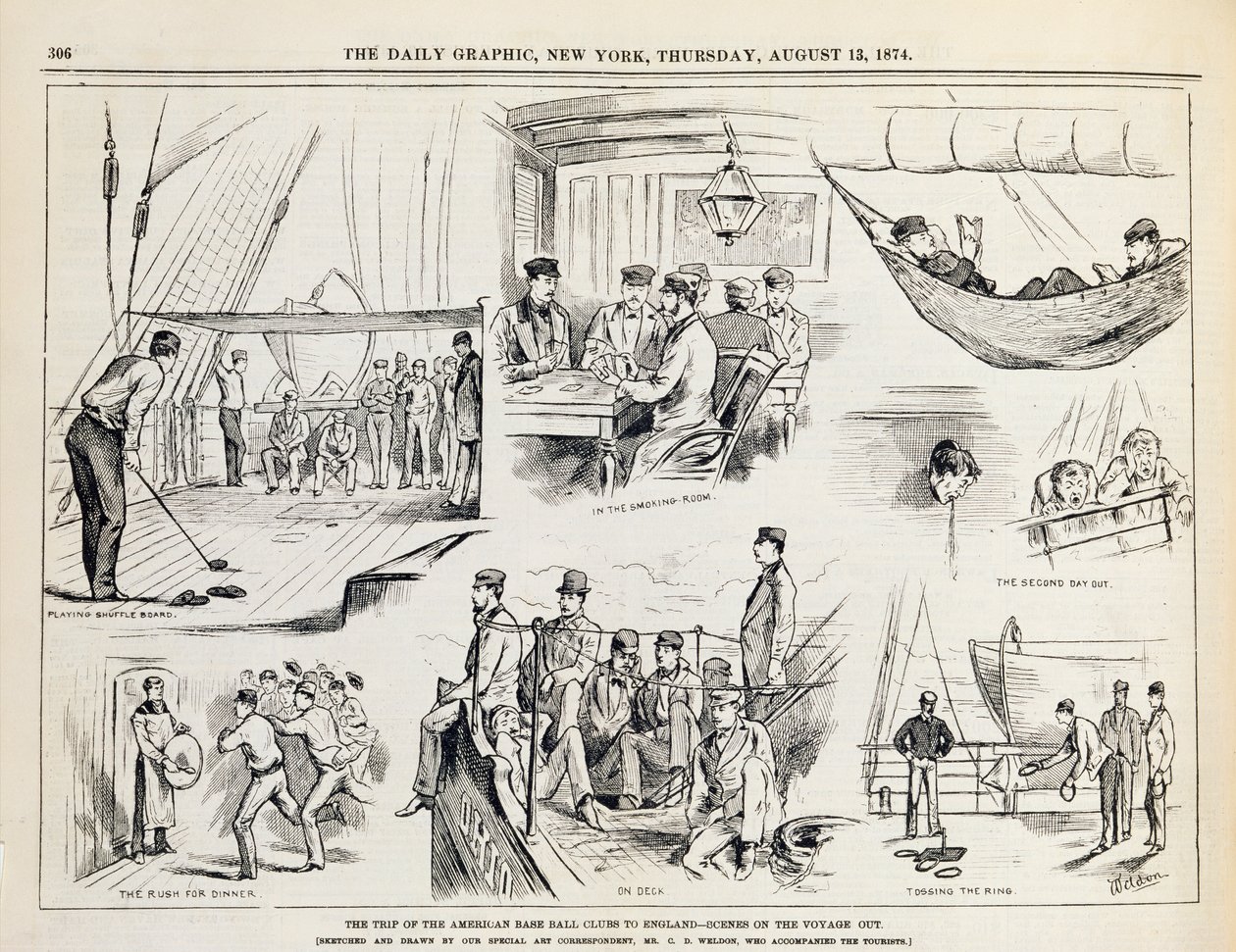 Podróż amerykańskich klubów baseballowych do Anglii (The Voyage Out) opublikowana w The New York Daily Graphic, 1874 autorstwa Charles Weld