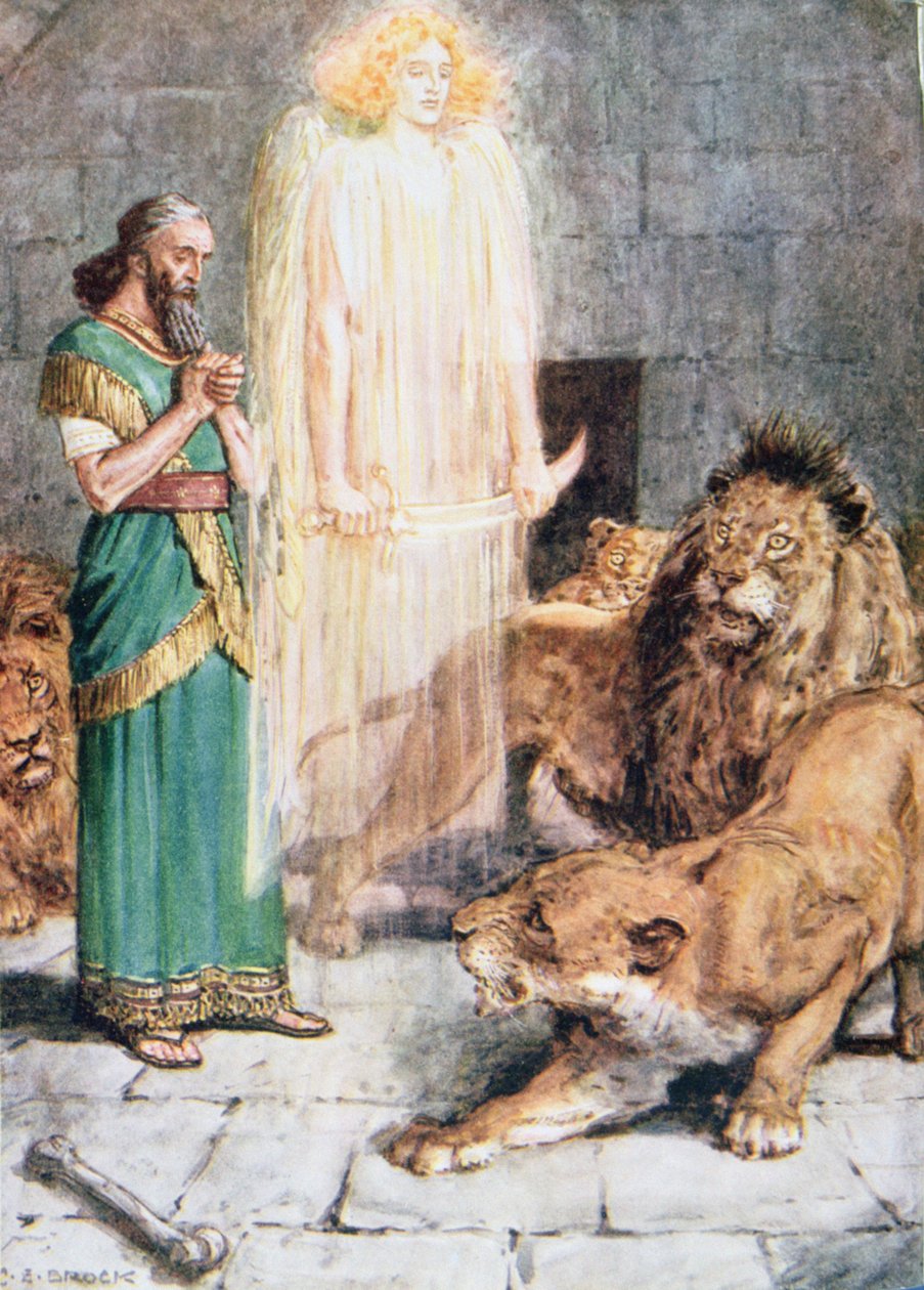 „Anioł Boży przebywał przy Danielu przez całą noc”, ilustracja z „Przez Biblię”, opublikowana w 1928 r. autorstwa Charles Edmund Brock