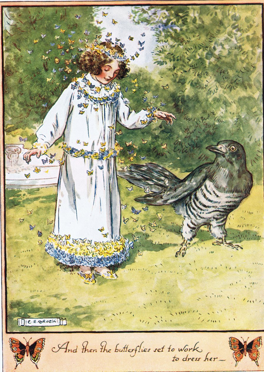 A potem motyle zabrały się do pracy, aby ją ubrać, ilustracja z „Cuckoo Clock” pani Molesworth, wydanej przez Macmillan w 1930 roku autorstwa Charles Edmund Brock