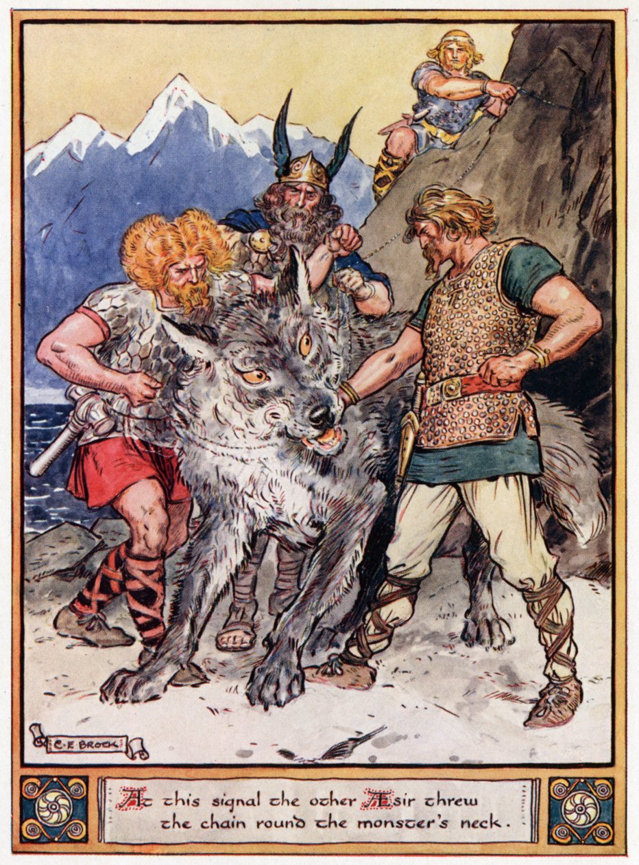„Na ten sygnał drugi As zarzucił łańcuch na szyję potwora”, ilustracja z „Bohaterowie Asgardu, opowieści z mitologii skandynawskiej”, autorstwa A i E Keary, 1930 autorstwa Charles Edmund Brock