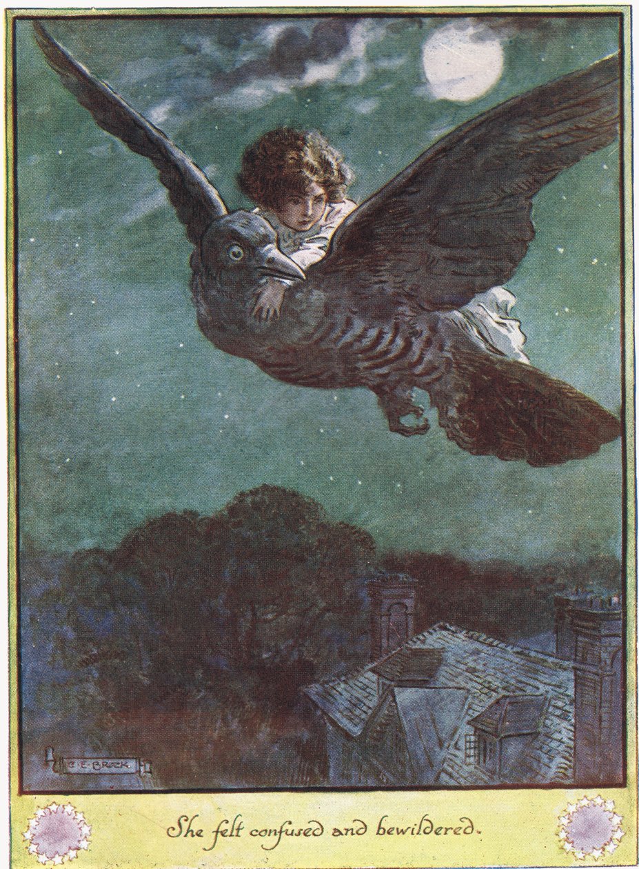 Lot na ptaku, ilustracja z „Zegara z kukułką” pani Molesworth, wydanej przez Macmillan w 1930 r. autorstwa Charles Edmund Brock