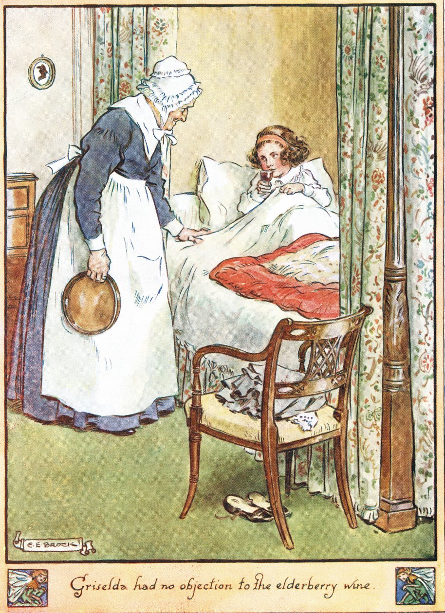 Griselda nie miała zastrzeżeń do wina z czarnego bzu, ilustracja z „Cuckoo Clock” pani Molesworth, wydanej przez Macmillan w 1930 roku autorstwa Charles Edmund Brock