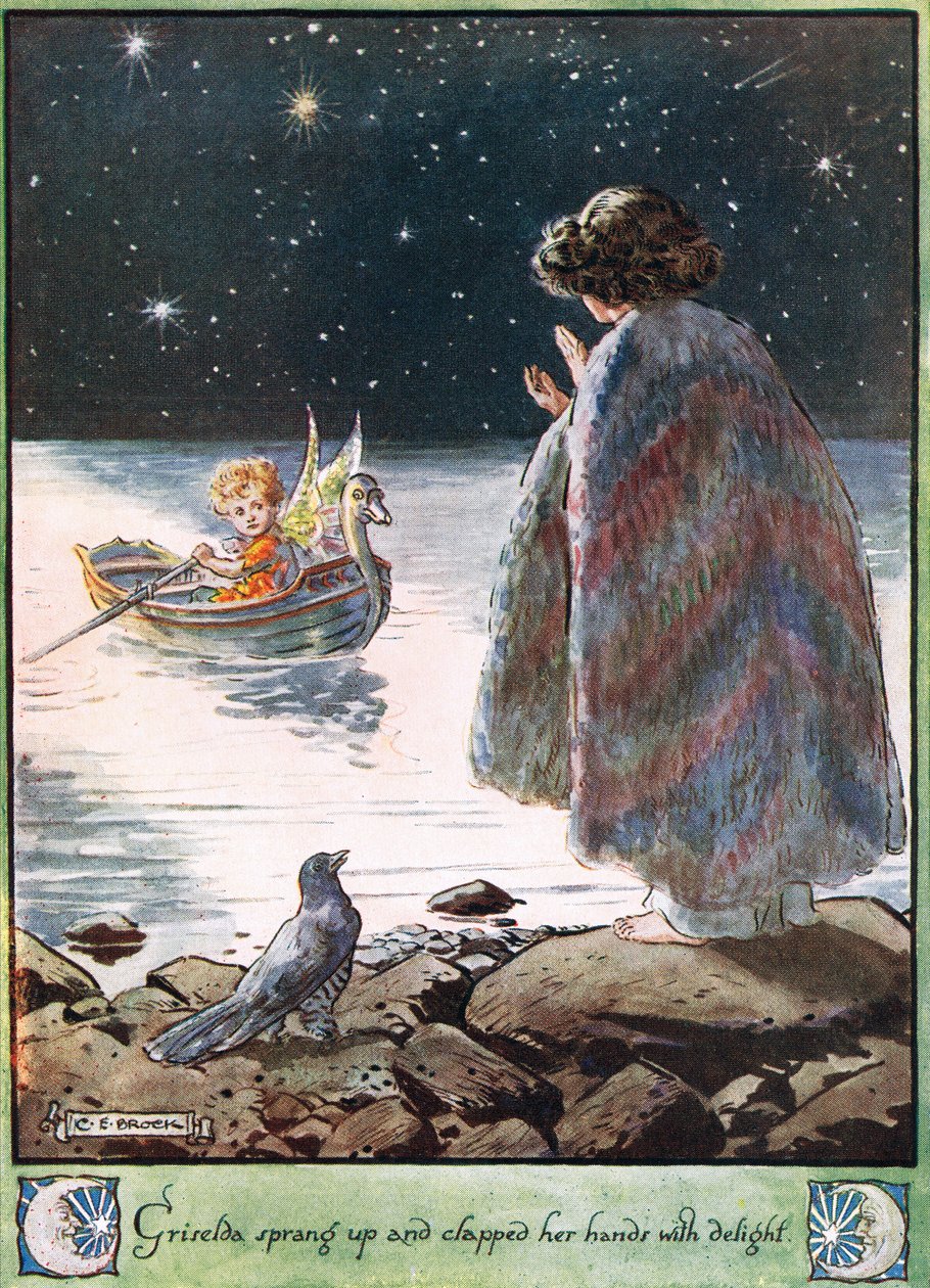 Gryzelda zerwała się i klaskała z radości, ilustracja z „Cuckoo Clock” pani Molesworth, wydanej przez Macmillan w 1930 roku autorstwa Charles Edmund Brock