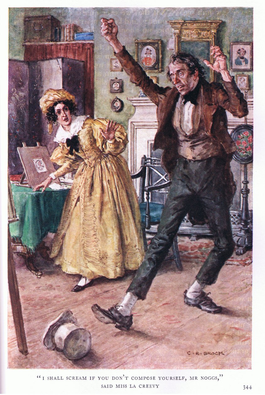 Będę krzyczeć, jeśli się pan nie uspokoi, panie Noggs - powiedziała panna La Creevy. autorstwa Charles Edmund Brock