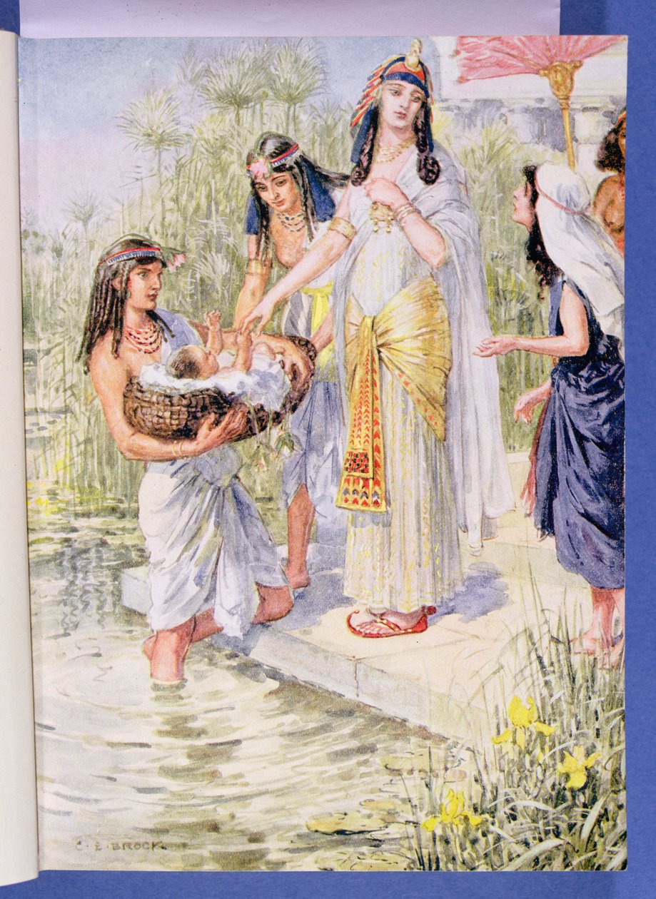 „Miriam odważyła się podejść bliżej”, ilustracja z „Przez Biblię”, Venture Publishing, 1928 autorstwa Charles Edmund Brock