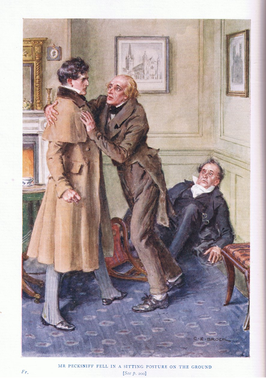 Pan Pecksniff upadł w pozycji siedzącej na ziemię autorstwa Charles Edmund Brock