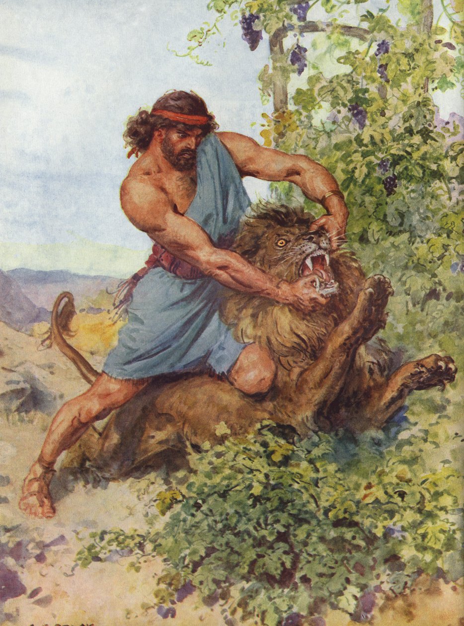 Samson pochwycił lwa i rozerwał go na kawałki autorstwa Charles Edmund Brock