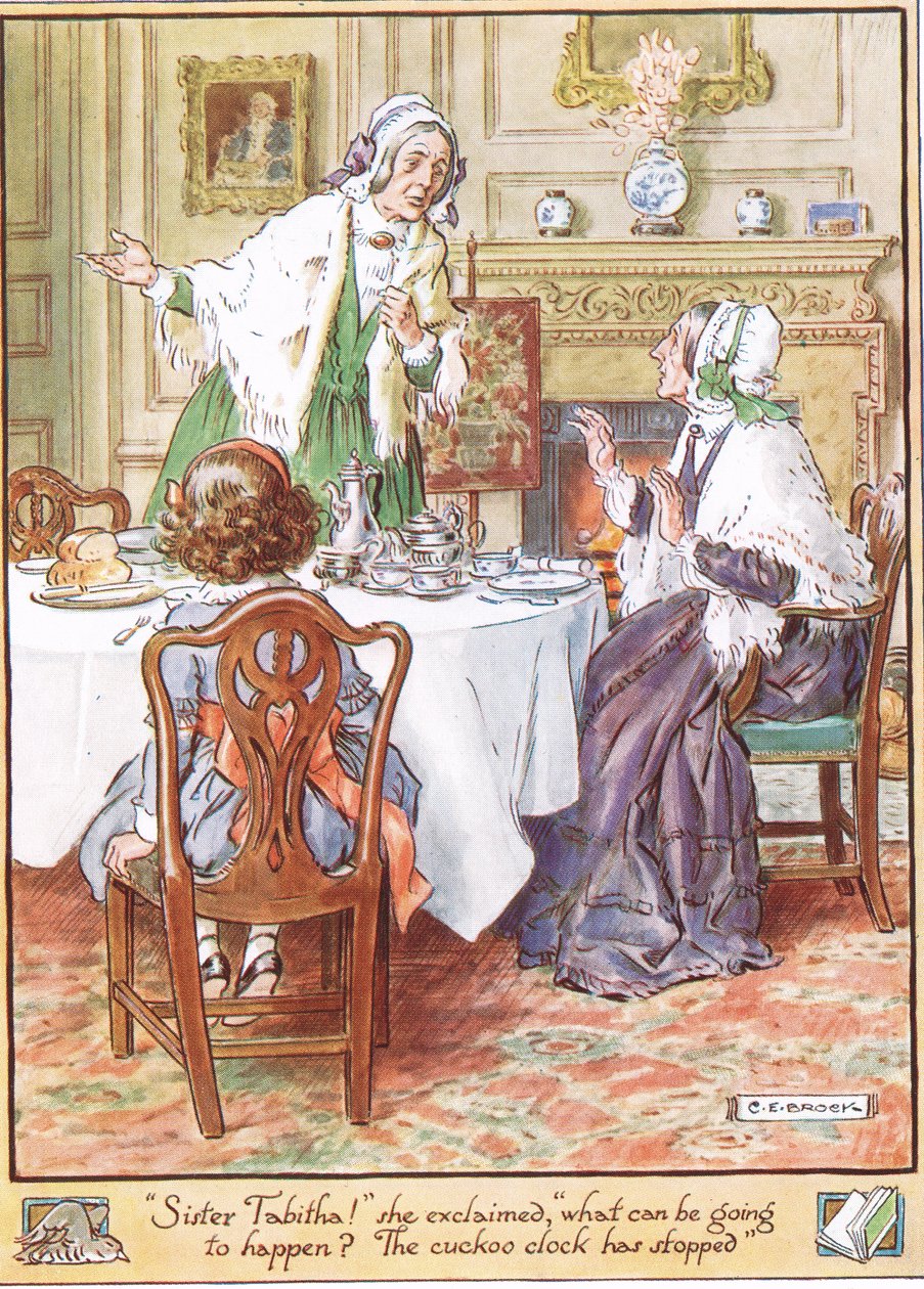 Zegar z kukułką zatrzymał się, ilustracja z "The Cuckoo Clock" autorstwa pani Molesworth, opublikowana przez Macmillan w 1930 r. autorstwa Charles Edmund Brock