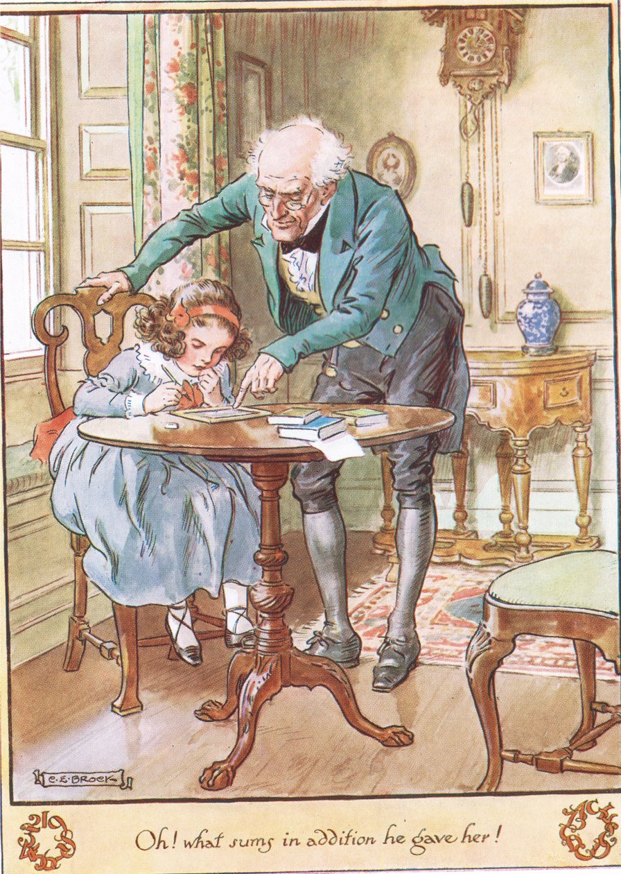 Lekcja matematyki, ilustracja z „Zegara z kukułką” pani Molesworth, wydanej przez Macmillan w 1930 r. autorstwa Charles Edmund Brock