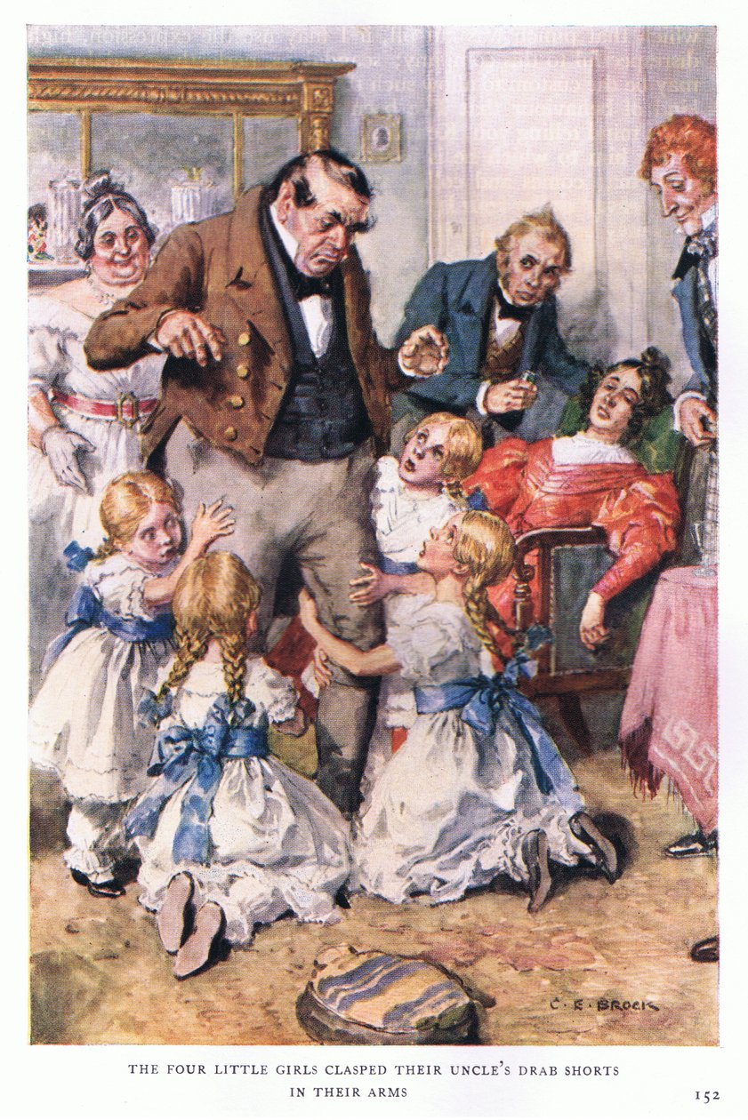 Cztery małe dziewczynki objęły ramionami powłóczyste spodenki wujka. autorstwa Charles Edmund Brock