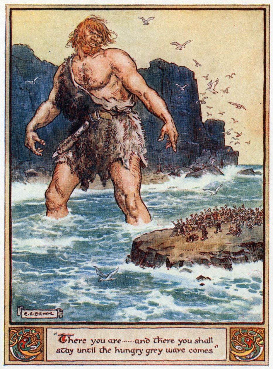„Jesteś… i tam zostaniesz, aż nadejdzie głodna szara fala”, ilustracja z „Bohaterowie Asgardu, Opowieści z mitologii skandynawskiej”, A und E Keary, 1930 autorstwa Charles Edmund Brock