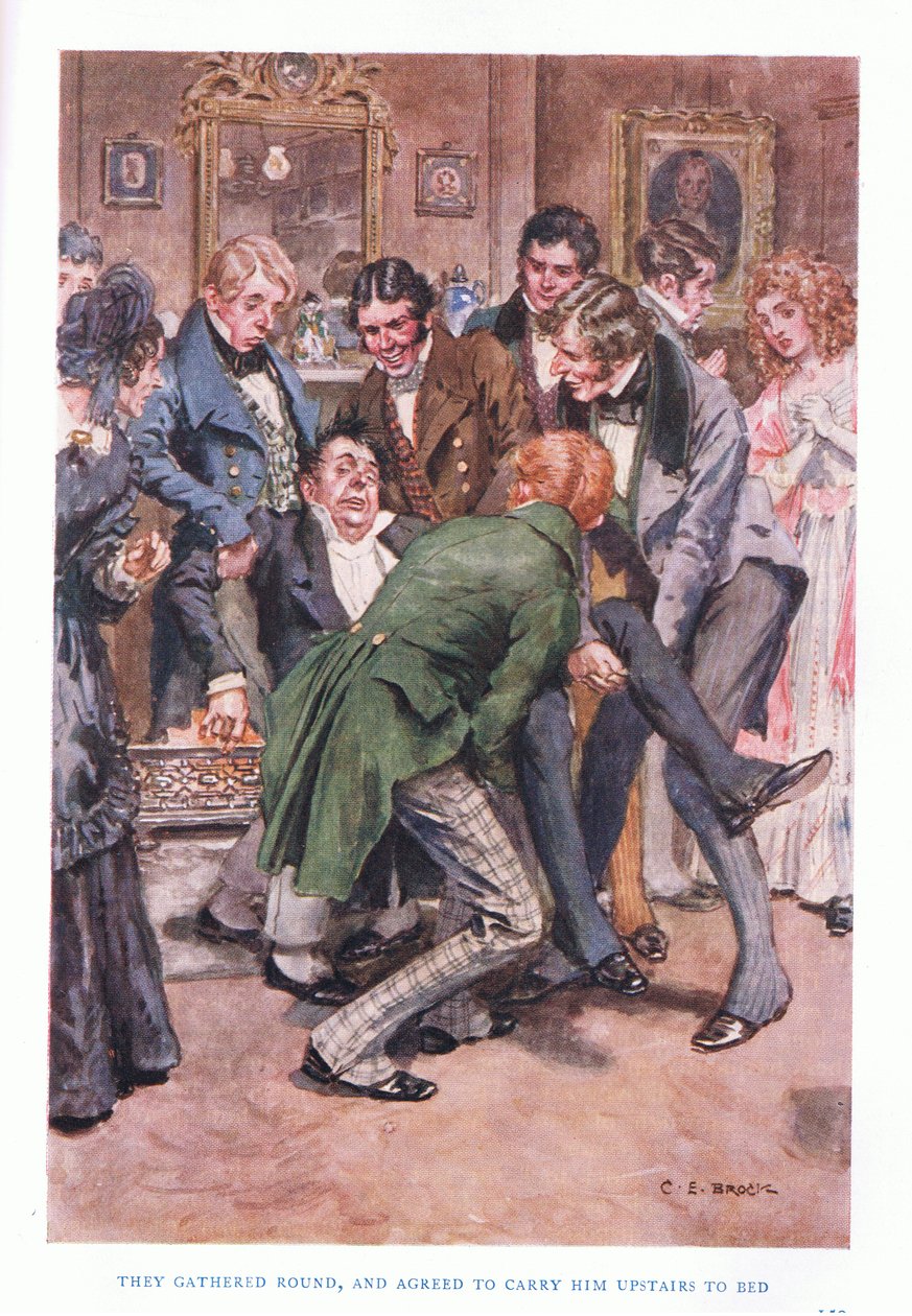 Zebrali się wokół i zgodzili się zanieść go na górę do łóżka. autorstwa Charles Edmund Brock