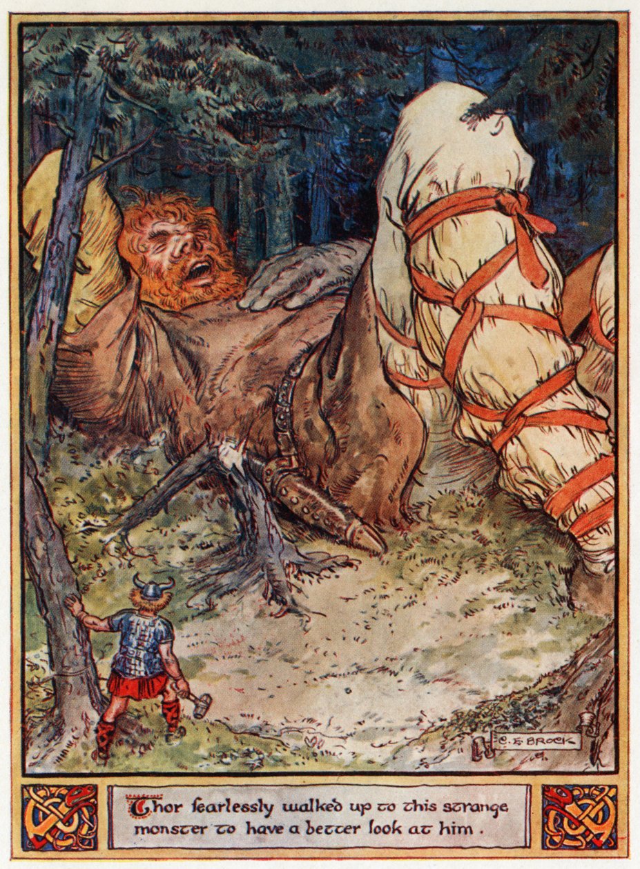 „Thor nieustraszenie podszedł do tego dziwnego potwora, aby lepiej mu się przyjrzeć”, ilustracja z „Bohaterów Asgardu, opowieści z mitologii skandynawskiej”, autorstwa A und E Keary, 1930 autorstwa Charles Edmund Brock