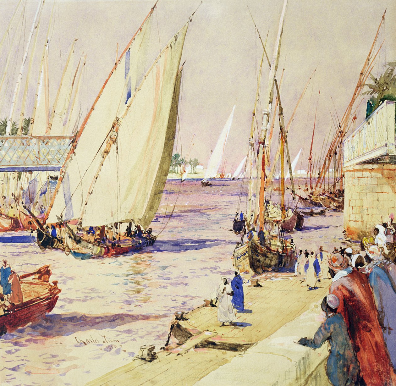 Feluki na szlaku handlowym, 1910 (pióro i atrament i toaleta na papierze) autorstwa Charles Edward Dixon