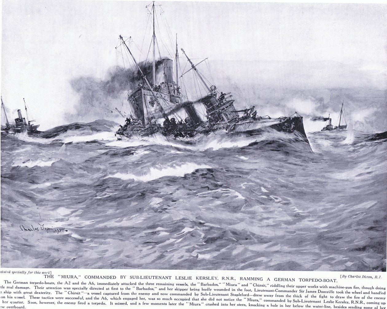 Th Miura dowodzony przez podporucznika Lesleya Kelseya RNR taranującego niemiecką łódź torpedową, październik 1914 autorstwa Charles Edward Dixon