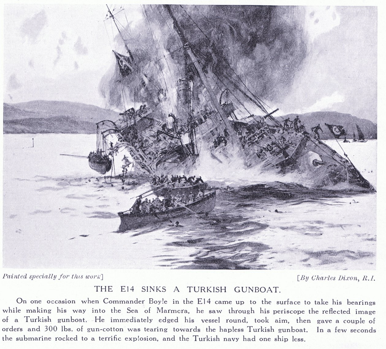 E14 zatapia turecką kanonierkę na Morzu Marmora 1915 autorstwa Charles Edward Dixon
