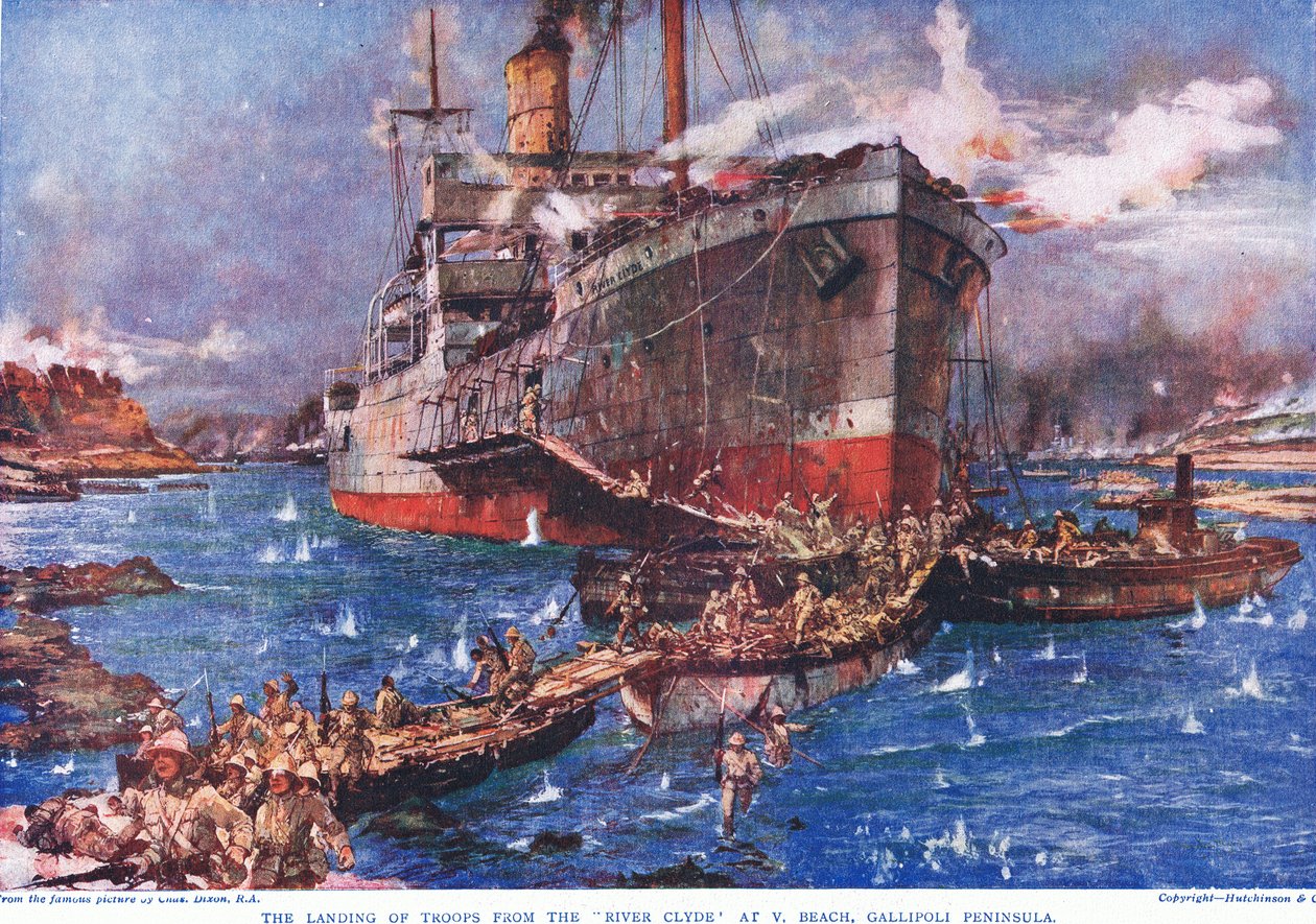 Lądowanie wojsk z „River Clyde” na plaży V na półwyspie Gallipoli, ilustracja z książki „Czyny, które drżą Imperium”, wydanej przez Hutchinson und Co., ok. 1920 r. autorstwa Charles Edward Dixon