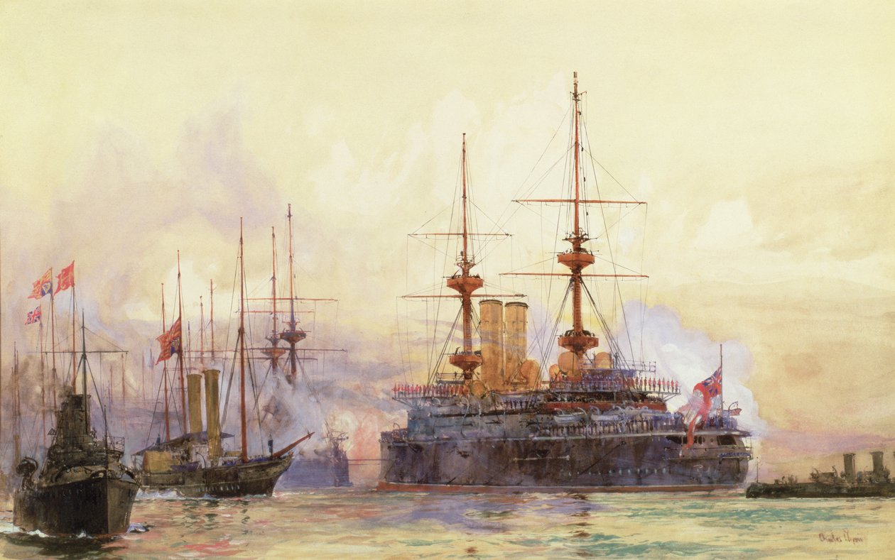 Książę Jerzy na Spithead. Requiem Marynarki Wojennej Królowej Wiktorii autorstwa Charles Edward Dixon