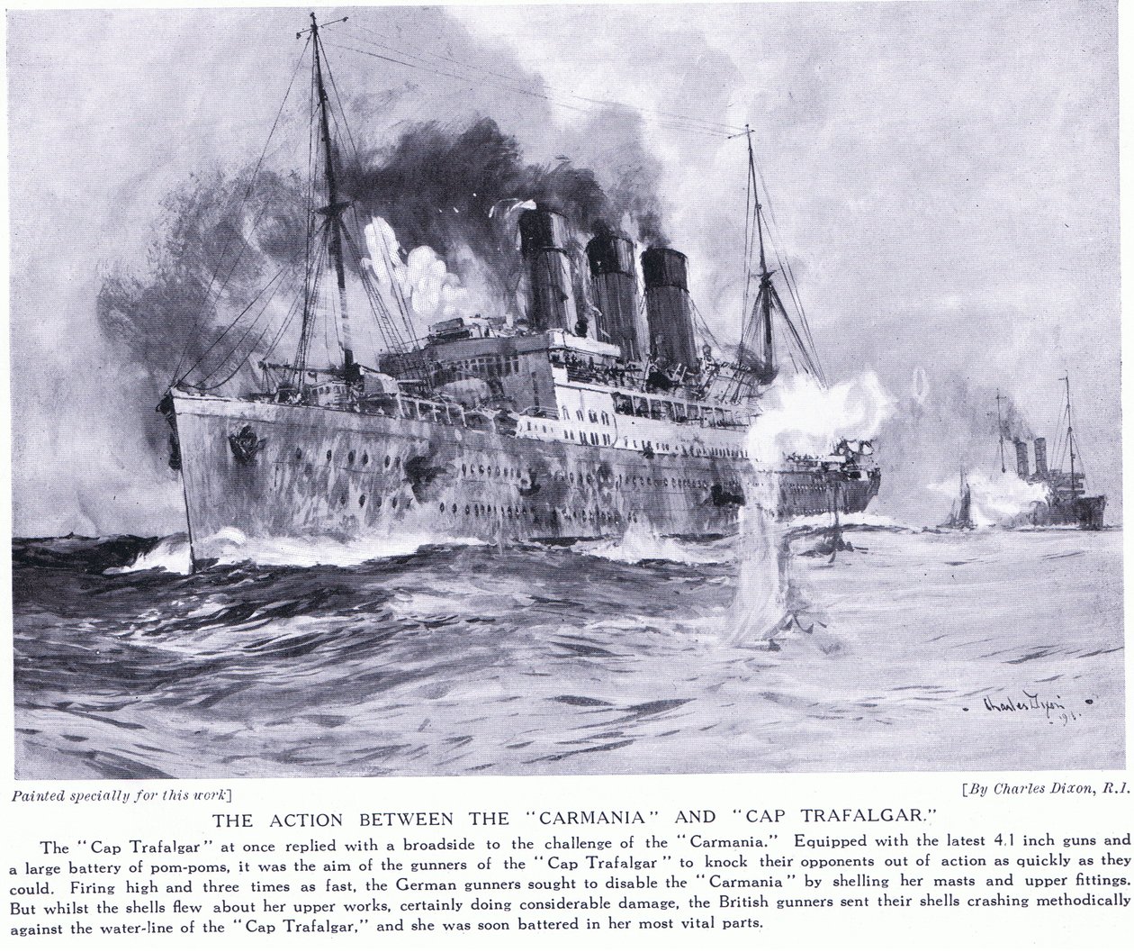 Akcja między Carmanią a Cap Trafalgar wrzesień 1914 autorstwa Charles Edward Dixon