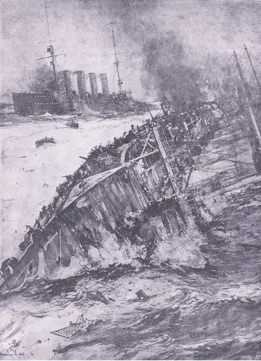 Katastrofa na Morzu Północnym: zatonięcie Abukiru, z Historii Wielkiej Wojny, tom 3, wydanej przez Waverley Book Co Limited, ok. 1920 r. autorstwa Charles Edward Dixon