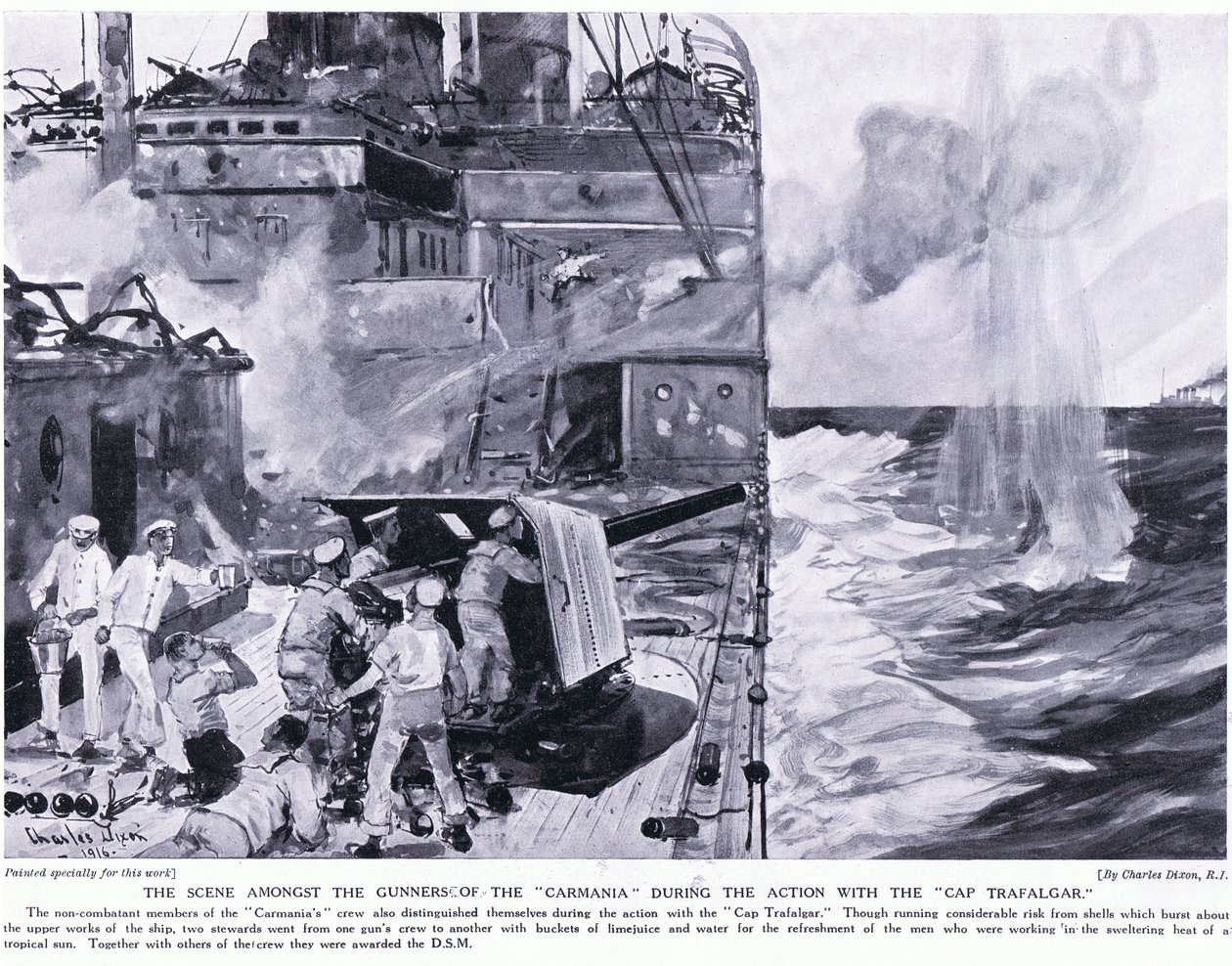Scena wśród artylerzystów Carmanii podczas akcji z Cap Trafalgar autorstwa Charles Edward Dixon
