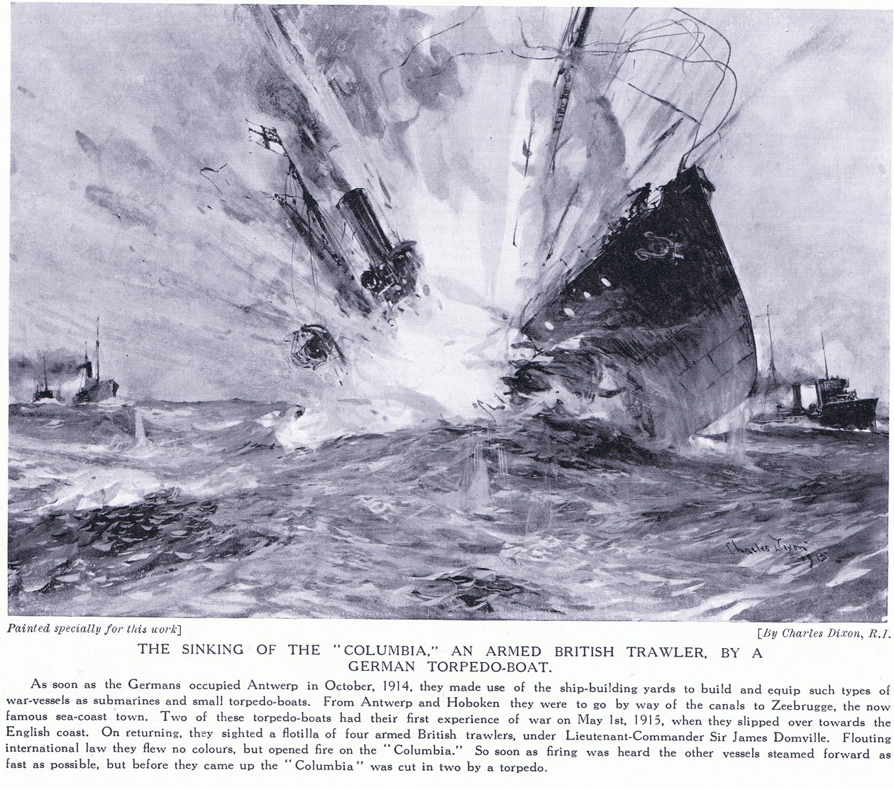 Zatonięcie Columbia, uzbrojonego brytyjskiego trawlera przez niemiecki kuter torpedowy na angielskim wybrzeżu październik 1914 autorstwa Charles Edward Dixon