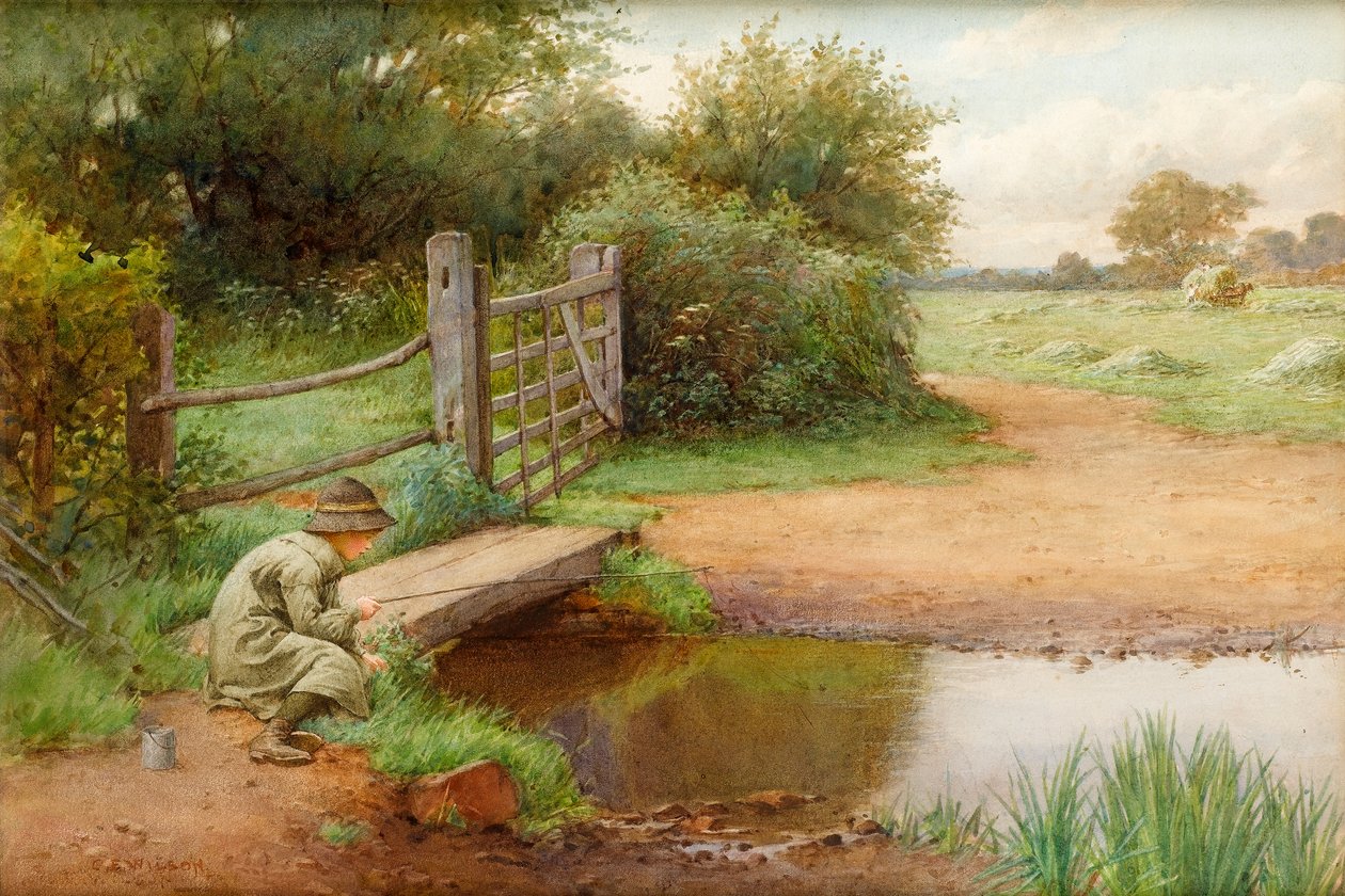 Próbując szczęścia, Łowienie w potoku (wc na papierze) autorstwa Charles Edward Wilson