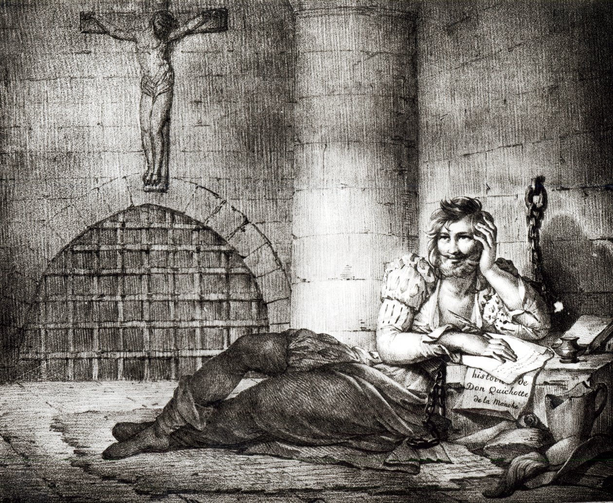 Miguel de Cervantes Saavedra (1547-1616) pisze „Don Kichot” w lochu Inkwizycji autorstwa Charles Etienne Pierre Motte