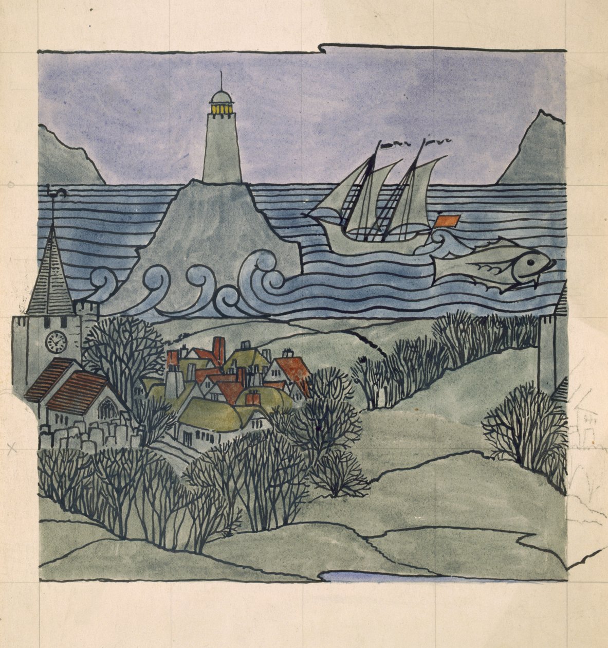 Latarnia morska, statek i wieś (toaleta i ołówek na papierze) autorstwa Charles Francis Annesley Voysey