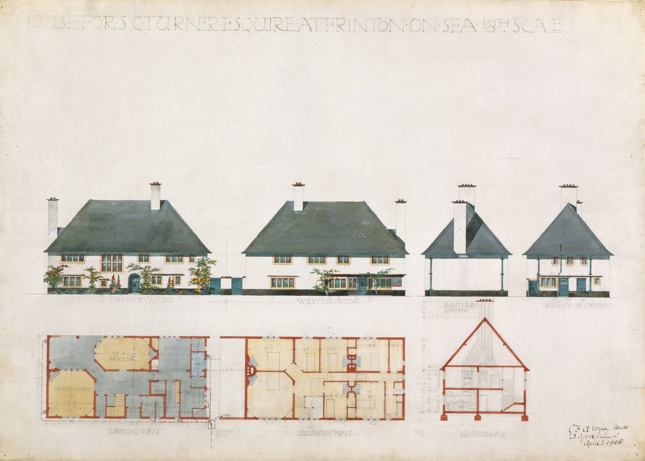 Proponowany dom dla C. Turner Esq. we Frinton on Sea, 1908 (toaleta i ołówek na papierze) autorstwa Charles Francis Annesley Voysey