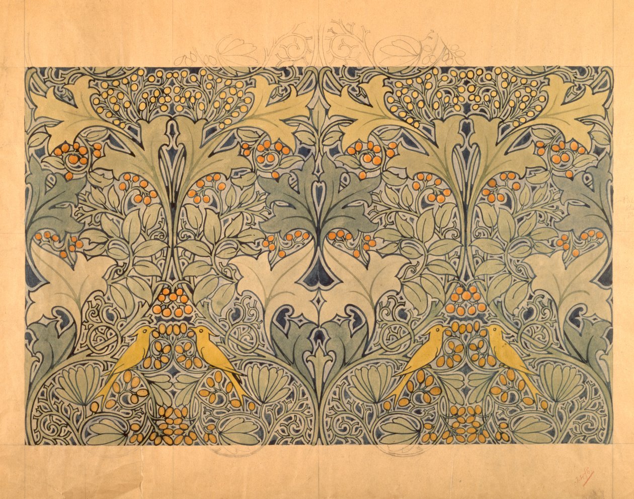 Wzór tkaniny z ptakami, jagodami i liśćmi (wc i ołówek na papierze) autorstwa Charles Francis Annesley Voysey