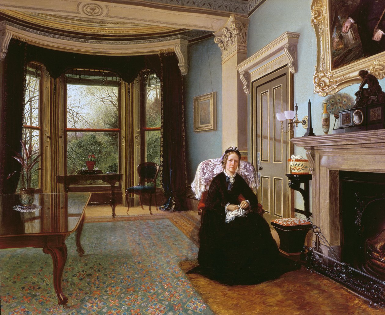 Wiktoriańskie wnętrze z siedzącą panią autorstwa Charles Frederick Lowcock